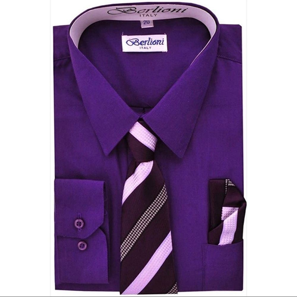 Berlioni Long Sleeve Dress Shirt & Tie Purple 14 EUC